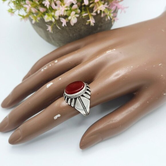 Native American Tribal Red Agate 925 Sterling Silver Unisex Ring Sz. 9.75 - Picture 4 of 6